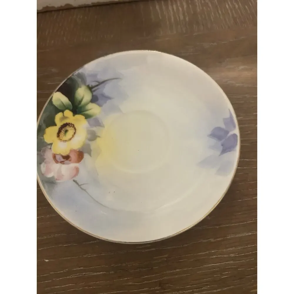 Antique Bayreuth Bone China Yellow Floral Handpainted Tea Cup & Saucer Gold Trim